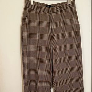 Zara Straight Leg Plaid Light Brown Elastane Pants